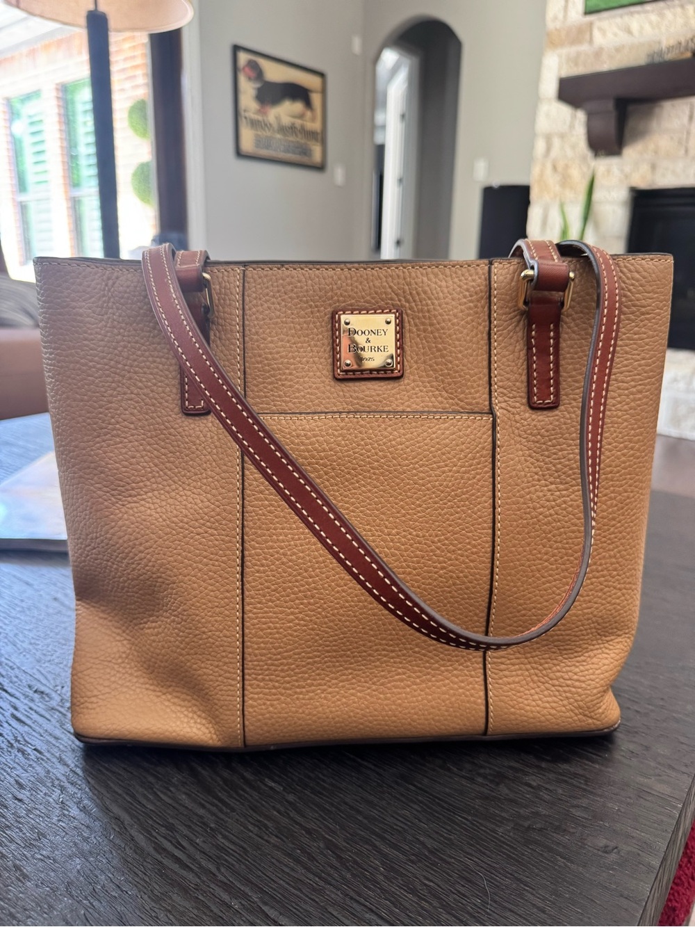 Dooney & Bourke Tan Pebbled Leather Shoulder Tote with Brown Trim